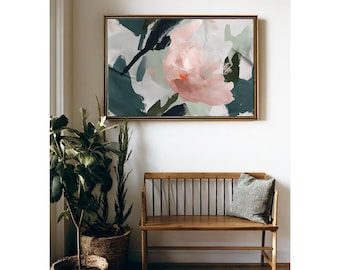 Green Floral Abstract Print, Large Flower Print, Modern Farmhouse Botanical Home Decor, Horizontal Printable Wall Art, Digital Download