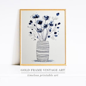 Minimalist Modern Home Printable, Blue Botanical Floral Art Print, Abstract Flower, Vase Wall Decor, Apartment Decor, Digital Download
