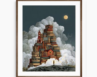 Könnte beinhalten: Ein gerahmter Kunstdruck zeigt ein Schloss aus Büchern mit einer kleinen Figur davor. Das Schloss hat ein rotes Dach und einen Uhrturm. Ein Vollmond scheint am Nachthimmel, und das Schloss ist von Wolken umgeben.
