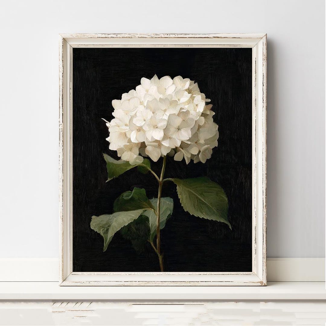 Moody Hydrangea Print, Dark Floral Botanical Art, White Flower