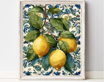 Vintage Lemon Painting, Lemon Wall Art, Blue Kitchen Art Print, Mediterranean Poster, Fruit Wall Art, Citrus Wall Decor, Digital Download