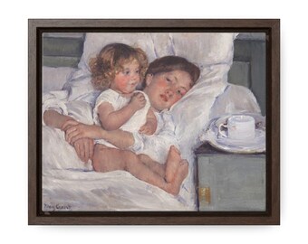 Toile 8 x 10 encadrée, petit déjeuner mère et enfant au lit, peinture à l'huile d'art vintage, impression sous cadre en bois