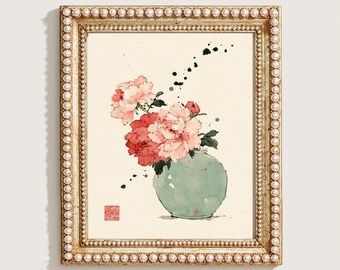 Printable Peony Flowers in Celadon Green Vase, Asian Ink Painting, Floral Art, Vintage Botanical Wall Decor, Digital Print Download