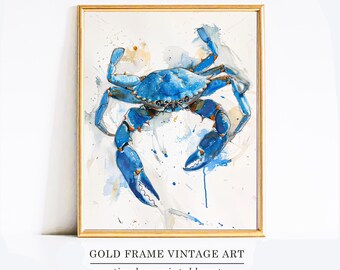 Blue Crab Art Coastal Watercolor Wall Art Printable Crab Illustration Print Prints Artwork Beach House Home Decor