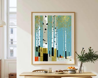 Birch Forest Printable Wall Art, Art Deco Style Landscape Painting, Retro Modern Geometric Design, Boreal Trees Digital Print Download