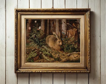 Impresión de arte mural de conejo, pintura de conejo natural, arte mural de conejito para guardería, decoración de animales del bosque, arte mural cottagecore, descarga digital