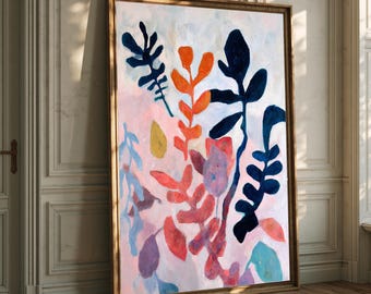 Botanical Leaves Wall Art, Modern Plant Painting Poster, Navy Coral Purple Retro Printable, Mid Century Flat Design Digital Print Download