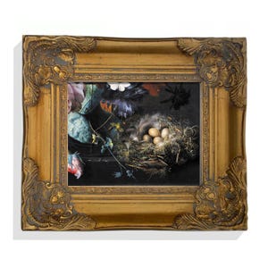 Bird Nest Flowers Framed Wall Art Print Giclee Canvas Print Oil Painting Antique Style Decor Gold Frame Vintage Home Decor Floral Maximalist