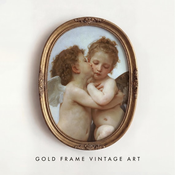 Cherubs Angels Print First Kiss Painting Antique Art Print