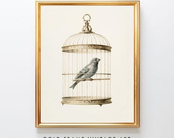 Vintage Songbird in Ornate Golden Birdcage Watercolor Painting, Delicate Bird Art, French Country Wall Decor, Printable Digital Download