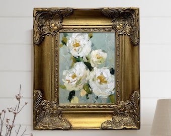 Framed Print, Floral Wall Art, Botanical Wall Art, Giclee Print on Canvas, Flowers, Peonies Artwork, Framed Art, Gold Frame