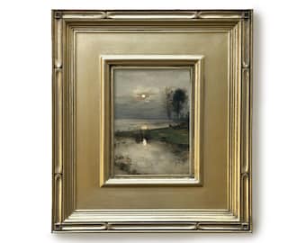 Original Moonlit Marsh Landscape Oil Painting, Framed Moody Wall Art, Wetland Artwork, Vintage Style Canvas Home Decor
