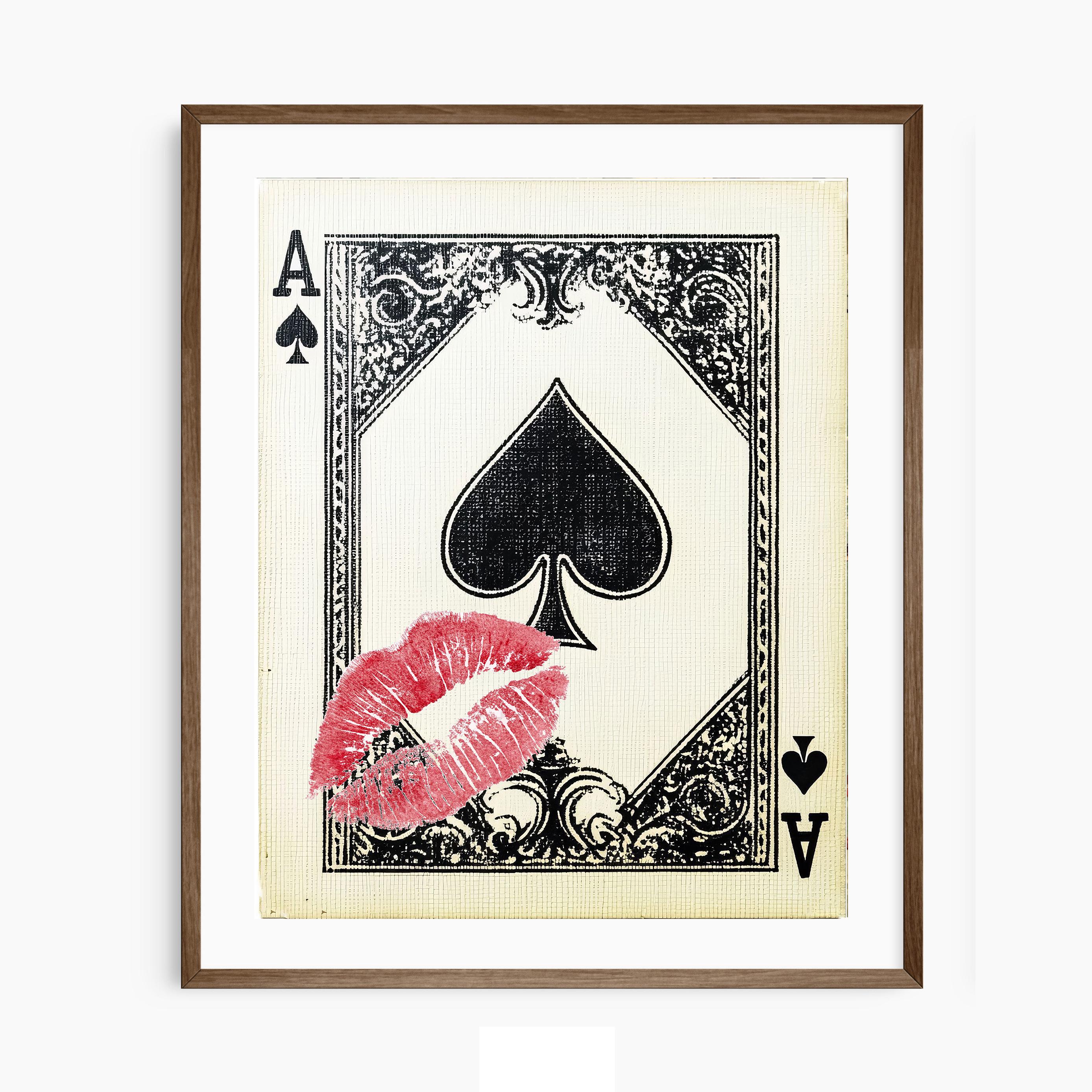 Playing Card Wall Art, Ace of Spades Print, Trendy Retro Kiss Lips