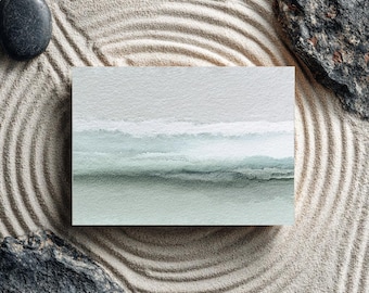 Pintura de playa con olas en verde azulado, arte costero, arte mural costero, decoración de pared costera, impresión de acuarela pastel playera, descarga digital