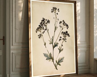 Vintage Print, Botanical Wildflower Wall Art, Antique Watercolor Stem Printable, Cream Nursery Digital Download, Minimalist Farmhouse Poster
