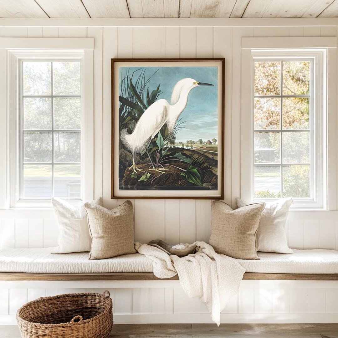 Coastal Bird Print Beach House Decor White Egret Painting Tropical Bird ...
