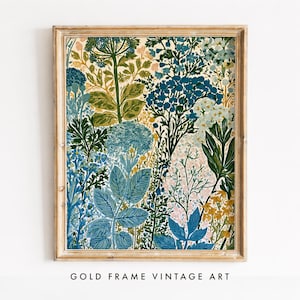 Jardin botanique vintage imprimable, art mural dense fleurs sauvages, imprimé floral cottagecore, téléchargement numérique crème vert sarcelle