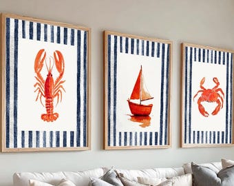 Beach House Sealife Set of 3 Prints, Watercolor Coastal Wall Art Coastal Grandmother Fisherman Aesthetic for Ocean Home Decor Printable