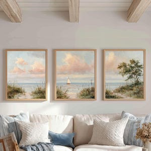 Pastel Coastal Wall Art Set of 3, Coquette Beach Art, Preppy Summer Beachy Print Set Pastel Wildflower Print Trendy Ocean Sailboat Printable