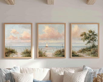 Pastelkleur kustmuurkunst, drieluik kunst aan de muur, set van 3, roze strand muur decor, preppy zomer strand print set, oceaanzeilboot afdrukbaar