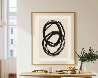 Minimalist Black Swirl Abstract Painting, Modern Wall Art, Neutral Printable, Cream Background, Contemporary Decor, Digital Print Download