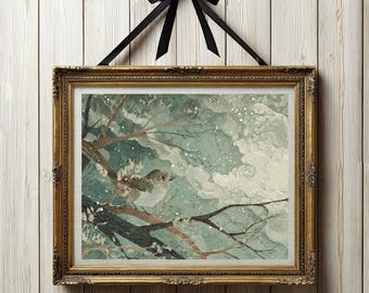 Vintage Bird Print, Winter Snow Watercolor Painting, Green Wall Art, Retro Songbird Decor, Rustic Botanical Home Decor, Digital Download