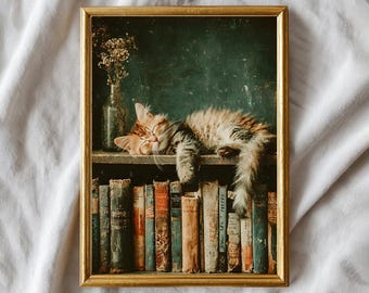 Cat Print, Literary Girl, Bookish Art Print, Books and Sleeping Cat, Sleeping Wall Art, Library Poster, Cat Nap, Cat Lover, Digital Download