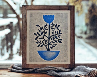 Blue Floral Cyanotype, Block Print, Flower Wall Art, Minimalist Modern Home Decor, Blue Wall Decor, Botanical Linocut, Floral Print, Digital