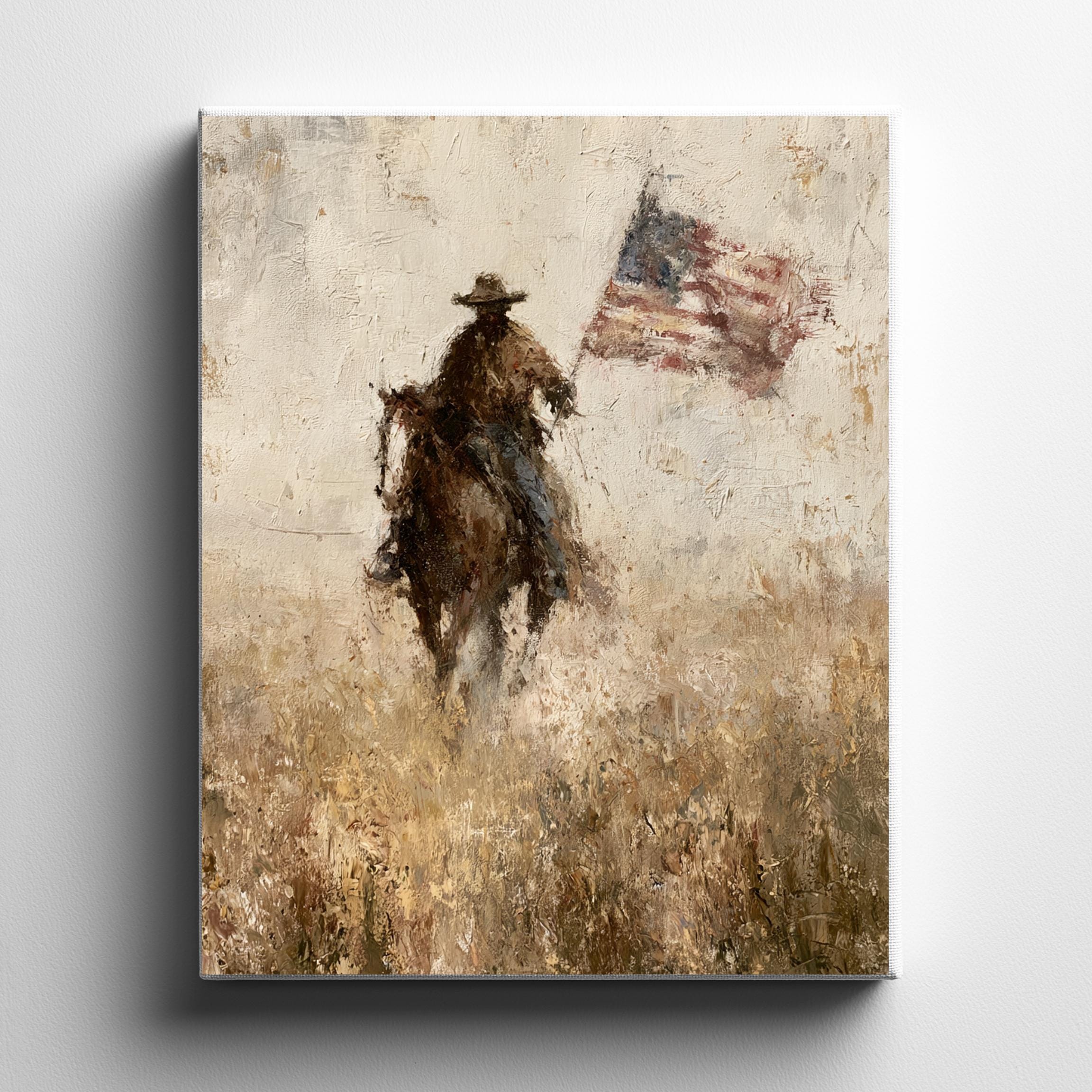 Cowboy on Horse Carrying American Flag, Vintage Western Landscape