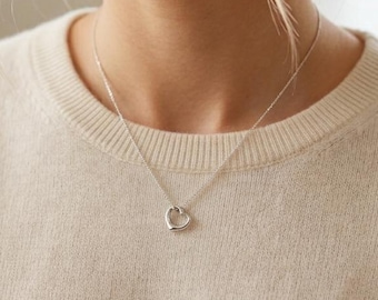 Dainty Open Heart Necklace, 925 Sterling Silver Delicate Chain Pendant, Minimalist Love Charm Necklace, Gift For Her, Birthday Gift