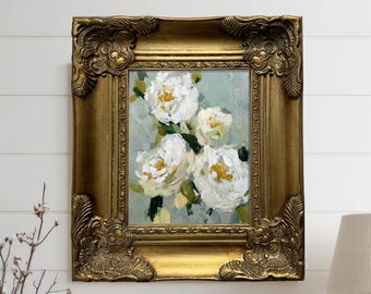 Floral Oil Painting, Botanical Wall Art, Original Painting on Canvas, Handmade Painting of Flowers, Peonies Artwork, Framed Art, Gold Frame