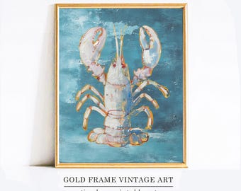 Blauwe kreeft muurkunst digitale kust aquarel kunstwerk witte kreeft print illustratie strandhuis prints woondecoratie lichtblauwe muurkunst