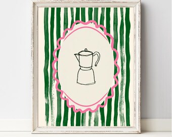 Printable Moka Pot Coffee Maker Line Drawing - Retro Kitchen Wall Art, Preppy Green Stripe Decor, Bold Pink Border, Digital Download