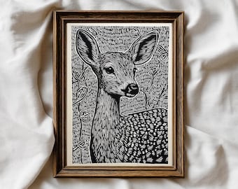 Arte de parede moderna de veado, arte de linóleo de cervo, impressão de decoração de parede de cabana, pôster rústico de veado, veado da floresta, decoração de casa de animais da floresta, download digital