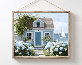 Nantucket Cottage Print, Blue Hydrangea Coastal Wall Art, Retro Oil Painting Style, Sailboat Summer Beach House Decor, Unframed, Ships Flat