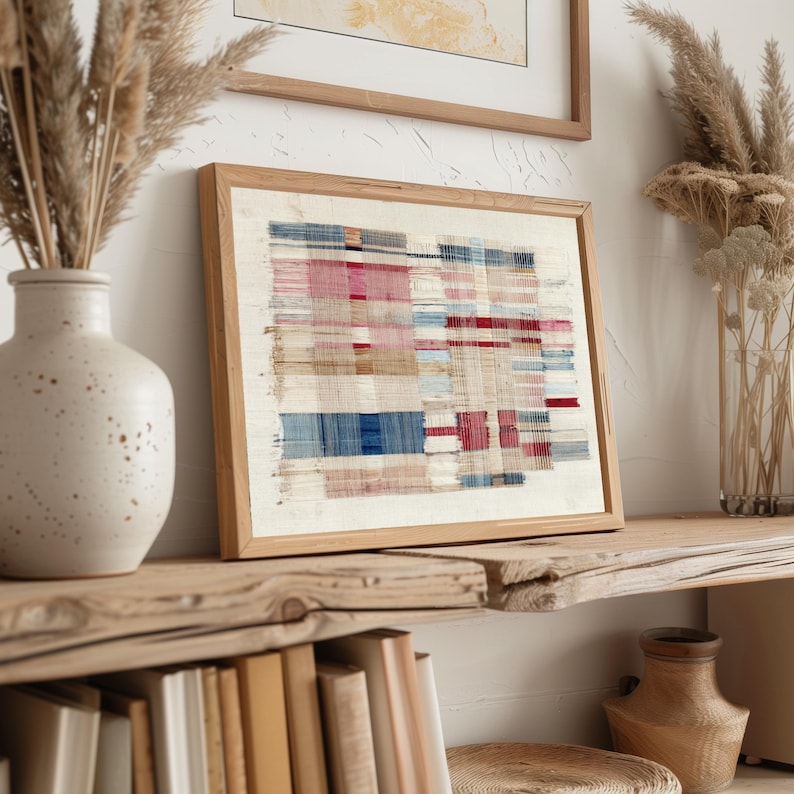 Coastal stripe painting poster for living space — vintage woven aesthetic in navy, blush, and red