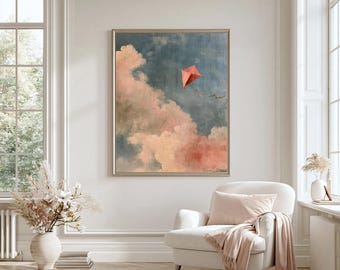 Vintage Kite Flying Through Dreamy Sky - Romantic Cottagecore Wall Art, Soft Pink Clouds, Nostalgic Painting, Digital Download