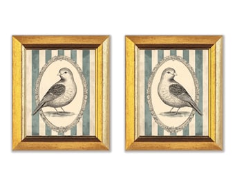French Country Bird Wall Art Set of Two Prints, Blue Botanical Neutral Cottagecore Wall Decor, Printable Downloadable, Vintage Bird Sketch