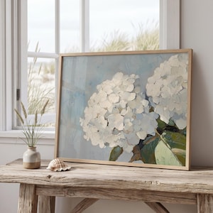 Könnte beinhalten: Ein rechteckiger gerahmter Kunstdruck mit einem Ölgemälde von zwei großen weißen Hortensienblüten mit dicken, strukturierten Pinselstrichen. Die Blumen sind vor einem weichen, gedämpften blauen Hintergrund mit dunkelgrünen Blättern an der Basis dargestellt.