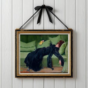 Literary Girl Printable Wall Art, Oil Painting, Antique Portrait, Woman on Green Sofa Reading Book, Vintage Home Decor, Digital Download