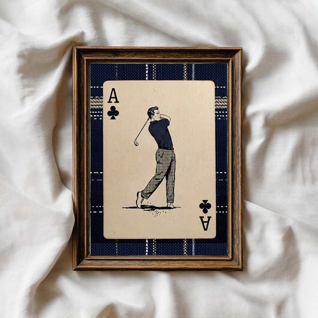 Navy Plaid Golf Poster, Playing Card Wall Art, Vintage Country Club ...