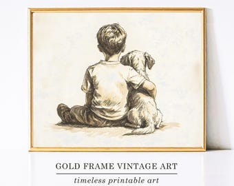 Dog Wall Art, Dog Art, Golden Retriever and Boy Drawing, Dog Nursery Art, Kids Room, Dog Sketch Art, Neutral Dog Print, Boys Room Decor