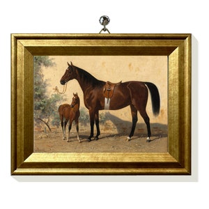 Mini Print of Small Oil Painting Horse Canvas Prints Antique Art Vintage Horse and Foal Equestrian Wall Decor Small Gold Frame Handmade USA