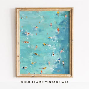 May include: A framed art print featuring an aerial view of a turquoise ocean with numerous small figures swimming in various colored swimsuits. The painting uses visible brushstrokes to create water textures and movement across the entire scene.