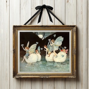 Whimsical Nursery Wall Art, Fairy Tale Vintage Illustration, Fairies Riding Boats, Nursery Decor, Ida Rentoul Outhwaite, Digital Download