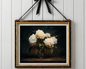 Hydrangea Print, Autumn Wall Art, Dark Moody Floral Home Decor, Botanical Wall Decor, Fall Oil Painting, Flowers Wall Art, Digital Download