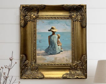 Peinture à l'huile côtière bleue, peinture originale encadrée, mère et enfant sur la plage, maman et bébé paysage marin, art mural fait main, cadre feuille d'or