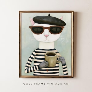 May include: A framed wall art print featuring a white cat wearing a black beret and brown sunglasses. The cat is dressed in a black and white horizontal striped long-sleeve shirt and is holding a beige ceramic mug with both hands.