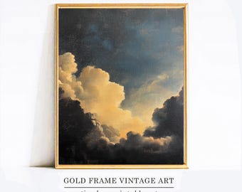 Cloud Moody Wall Art Print, gotische muurkunst, bewolkte blauwe hemel olieverfschilderij, donkere academische wereld, esthetisch decor, onweerswolken, digitale download