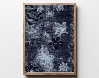 Navy Blue Textile Wall Art, Denim Botanical Print, Blue Floral Wall Decor, Vintage Print, Tapestry Wall Art, Home Decor, Digital Download